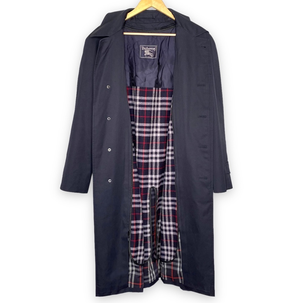 Burberrys London Navy Nova Check Trench with Wool Plaid Removable Liner Size 40